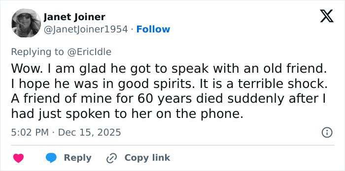 Screenshot of a tweet reacting to Eric Idle revealing Hollywood icon’s last words before passing.