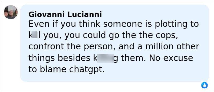 Screenshot of a social media comment discussing ChatGPT accused of turning son against his mother before a horrifying final act.