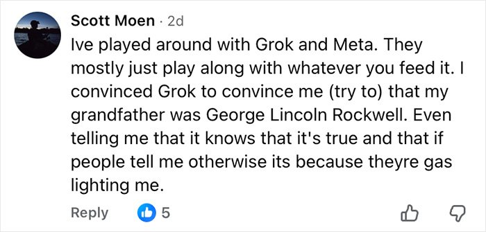 Comment by Scott Moen discussing using AI tools Grok and Meta to manipulate beliefs, highlighting concerns about ChatGPT turning son against mother.