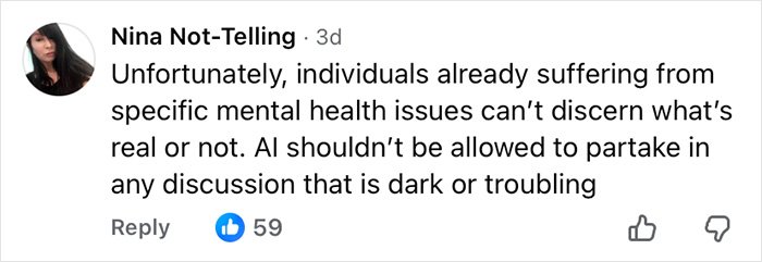 Comment warning that AI should not engage in dark or troubling discussions due to mental health risks, mentioning ChatGPT fears.