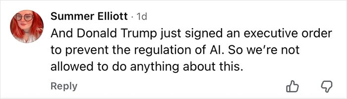 Comment by Summer Elliott on AI regulation and ChatGPT’s role in family conflict, discussing the impact of AI on personal relationships.