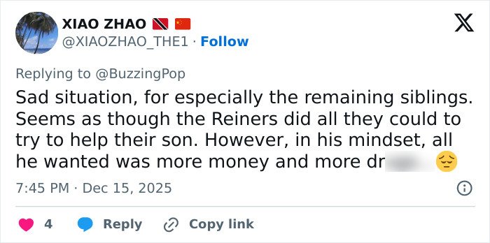 Twitter user commenting on the Reiner family situation after Rob Reiner and son Nick fought at Conan O’Brien’s party.