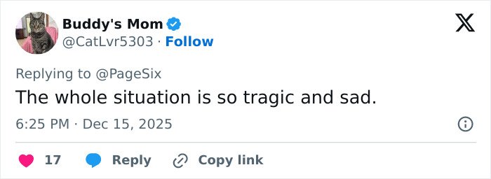 Tweet text from Buddy's Mom expressing sadness over Rob Reiner and son Nick fighting at Conan O’Brien’s Christmas party before a fatal incident.