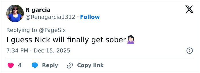 Tweet from R Garcia reacting to Nick's struggle with sobriety, related to Rob Reiner and son Nick's fight at Conan O’Brien’s party.