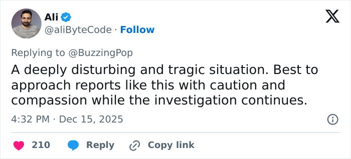 Tweet from Ali discussing a tragic situation related to Rob Reiner and son Nick fighting at Conan O’Brien’s Christmas party.