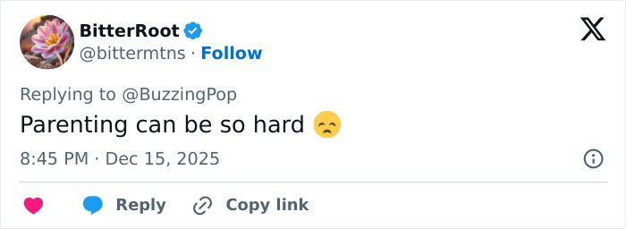 Twitter post from BitterRoot expressing the difficulty of parenting with a sad emoji on December 15, 2025.