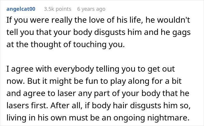 Online comment reacting to boyfriend demanding girlfriend laser off all body hair, sparking backlash about body disgust and control.