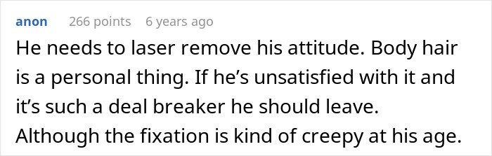 Screenshot of an online comment discussing body hair and a boyfriend demanding laser removal, sparking controversy.