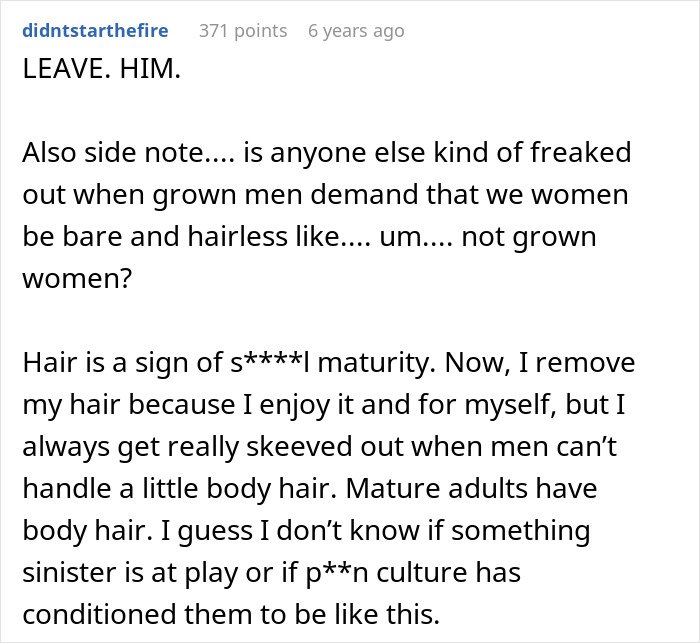 Screenshot of an online comment discussing boyfriend demanding girlfriend laser off all body hair and reactions about body hair.