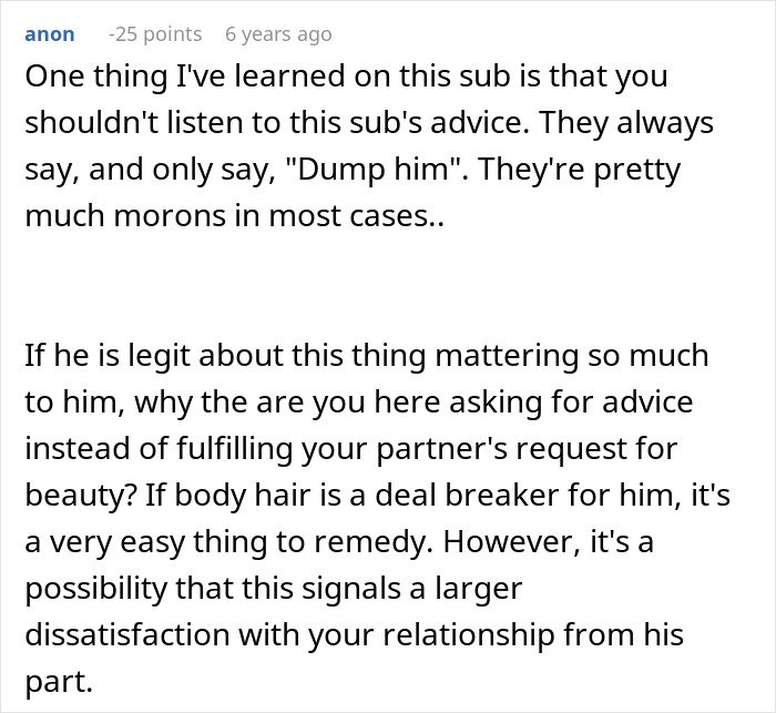 Screenshot of a Reddit comment discussing boyfriend demanding girlfriend to laser off all body hair and online backlash.