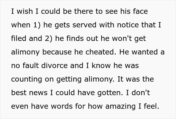 Text message expressing joy over serving divorce notice and denial of alimony due to cheating in a divorce case.