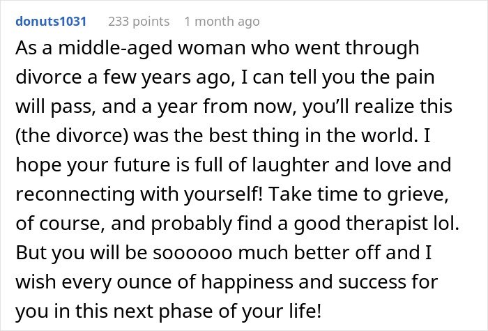Comment text from a middle-aged woman sharing insights on divorce, healing, and finding happiness after separation.