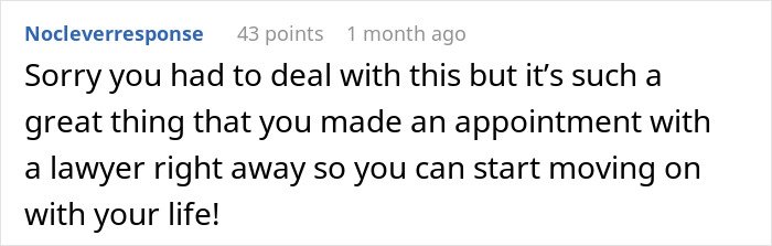 Screenshot of a user comment showing support for someone dealing with divorce and seeking legal help quickly.