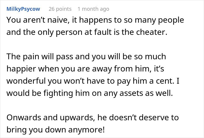 Comment discussing pain and recovery after a man leaves wife of 10 years for a younger woman in a divorce situation.