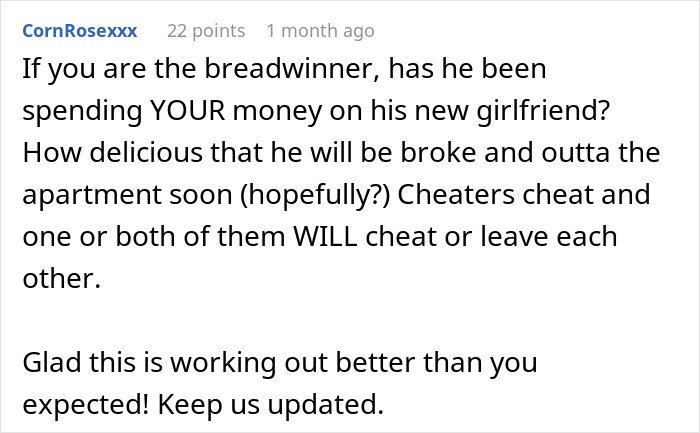 Comment discussing a man leaving his wife for a younger woman and concerns about financial issues during divorce.
