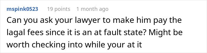 Comment discussing legal fees and fault in a divorce case, related to a man leaving wife for a younger woman.