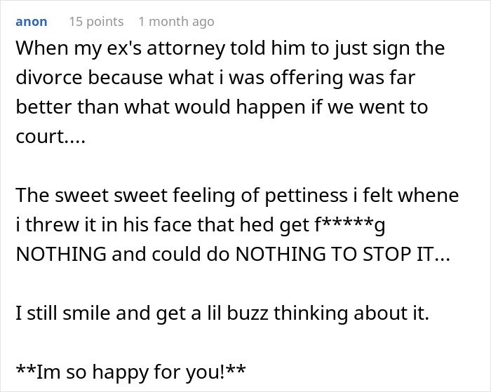 Text conversation screenshot about divorce, highlighting feelings of pettiness and unexpected court outcomes.
