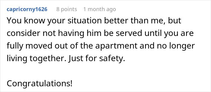 Reddit comment advising caution and safety before serving divorce papers after a man leaves wife for younger woman.