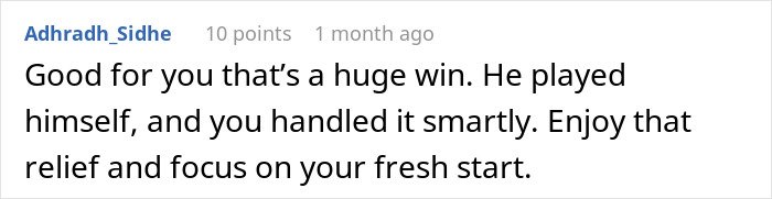 Screenshot of an online comment discussing a man leaving his wife for a younger woman and the unexpected divorce outcome.