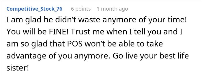 Screenshot of online comment expressing support for a woman after her husband leaves her for a younger woman.