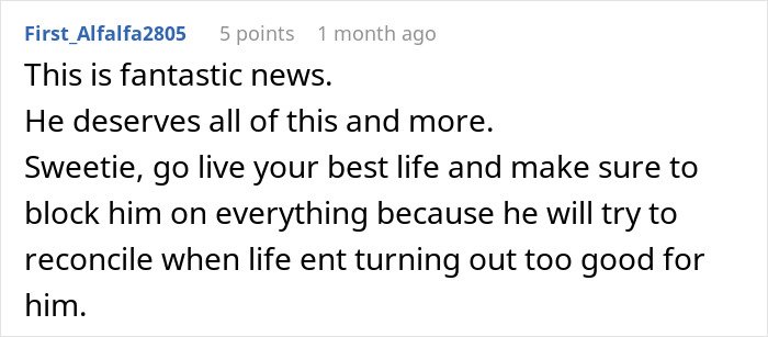 Reddit comment praising a man who leaves wife of 10 years for younger woman and faces unexpected divorce challenges.