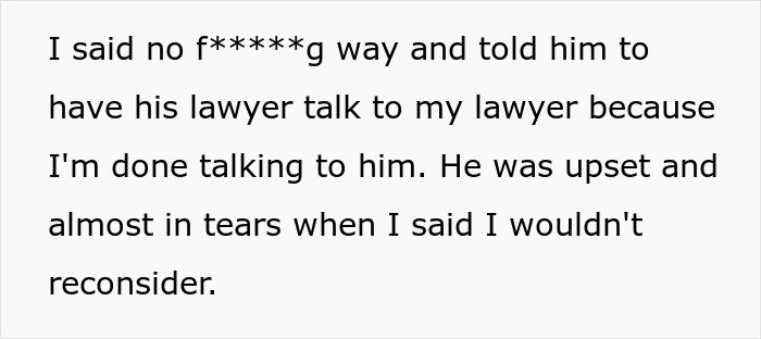 Text excerpt showing a man panicking and refusing to reconsider during a divorce after leaving wife for younger woman.