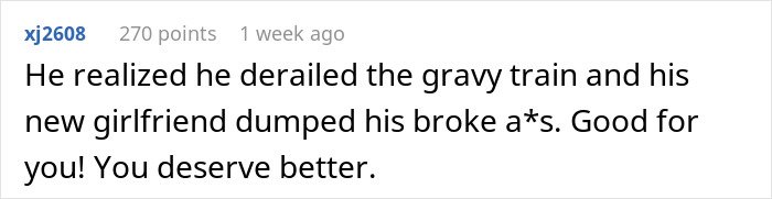 Comment about man leaving wife for younger woman and facing unexpected divorce consequences in black text on white background.
