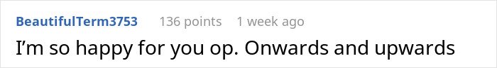 Text comment on a social platform expressing happiness and encouragement after a man leaves his wife of 10 years for a younger woman and faces unexpected divorce problems.