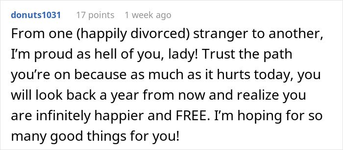 Comment praising a woman for finding happiness and freedom after divorce, encouraging trust in her new path.