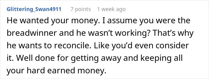 Text comment about a man leaving wife for younger woman, facing unexpected divorce issues and financial concerns.