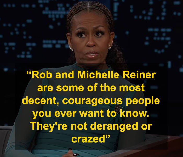 Michelle Obama speaking seriously during a televised interview about the Rob Reiner tragedy and fake syndrome claims.