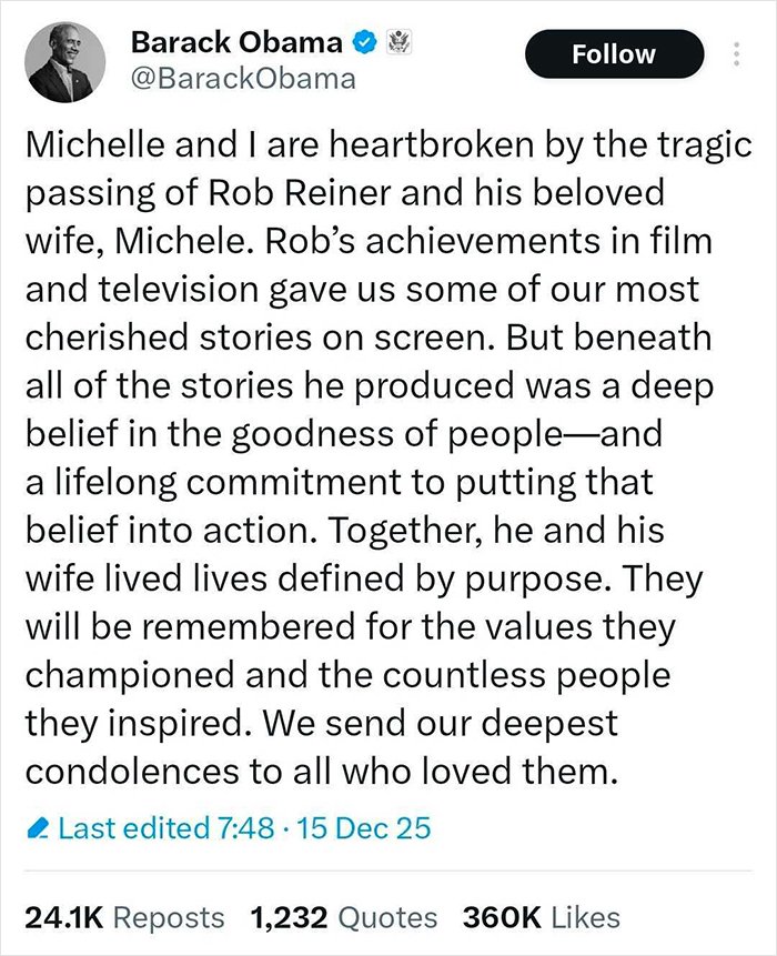 Barack Obama tweet expressing heartbreak over Rob Reiner tragedy and Michelle Obama's response after Trump’s false claims.
