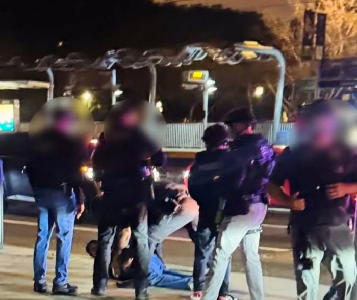 Law enforcement officers detain a person on the street at night related to Michelle Obama and fake syndrome claims.