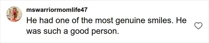 Comment on social media expressing grief over Rob Reiner tragedy, highlighting genuine smile and good person qualities.