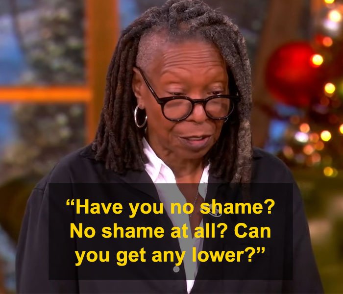 Whoopi Goldberg wearing glasses, speaking passionately about Michelle Obama responding to Trump accusations.