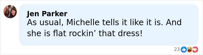 Comment from Jen Parker praising Michelle Obama’s confidence and style in a casual social media post.