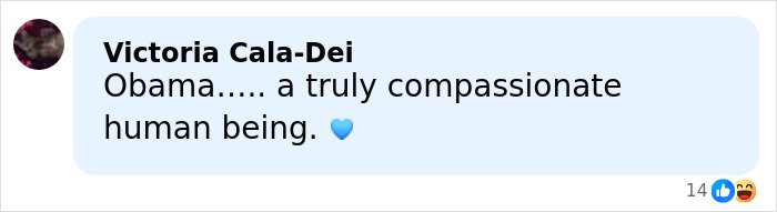 Comment praising Michelle Obama as a compassionate human being in a social media post with blue heart emoji.