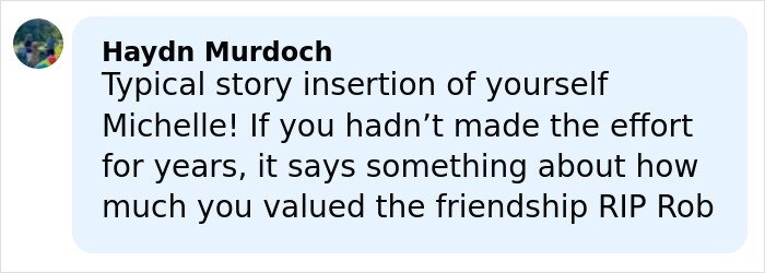 Comment screenshot showing a user named Haydn Murdoch criticizing Michelle Obama about her response to Rob Reiner’s tragedy and friendship.