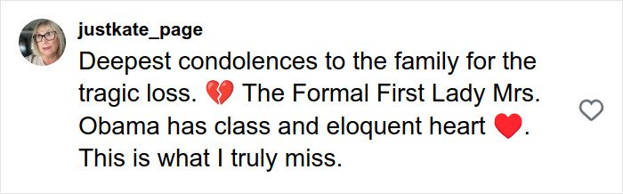 Comment expressing condolences mentioning Michelle Obama’s class and eloquent heart after a tragic loss.