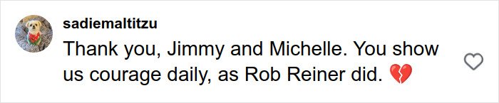 Comment expressing gratitude to Jimmy and Michelle for their courage, referencing Rob Reiner’s impact and tragedy.