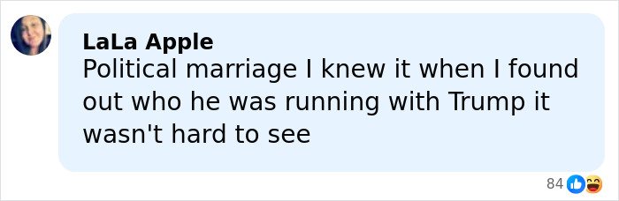 Comment by LaLa Apple expressing skepticism about JD Vance’s political marriage amid public speculation.