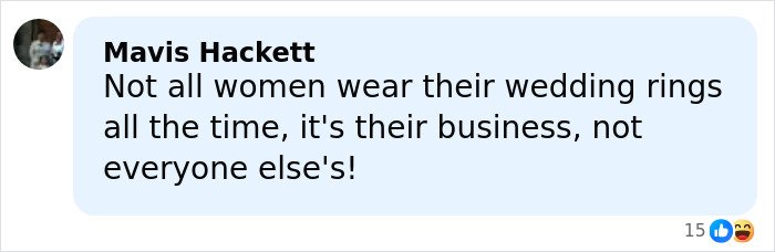 Comment by Mavis Hackett discussing women wearing wedding rings amid public speculation on JD Vance’s marriage.