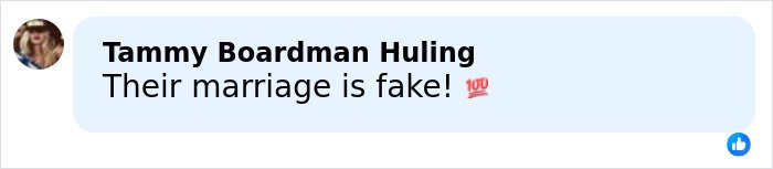 Comment from Tammy Boardman Huling stating their marriage is fake with emphasis emoji in a social media post about JD Vance’s wife Usha.