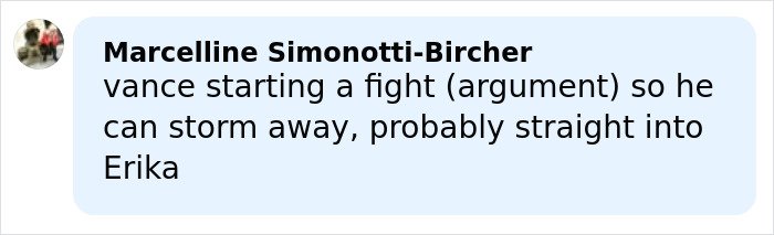 Comment about Vance starting a fight and storming away, possibly related to JD Vance’s marriage speculation.