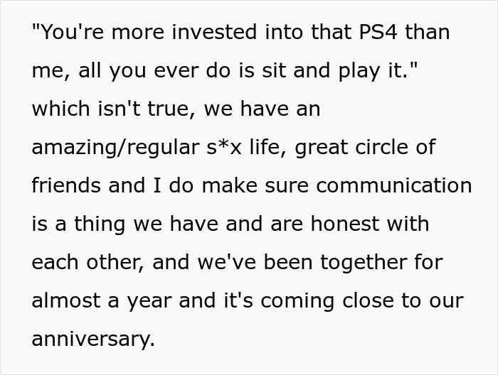Text excerpt from a guy mocking girlfriend for playing video games to unwind, calling it not ladylike.