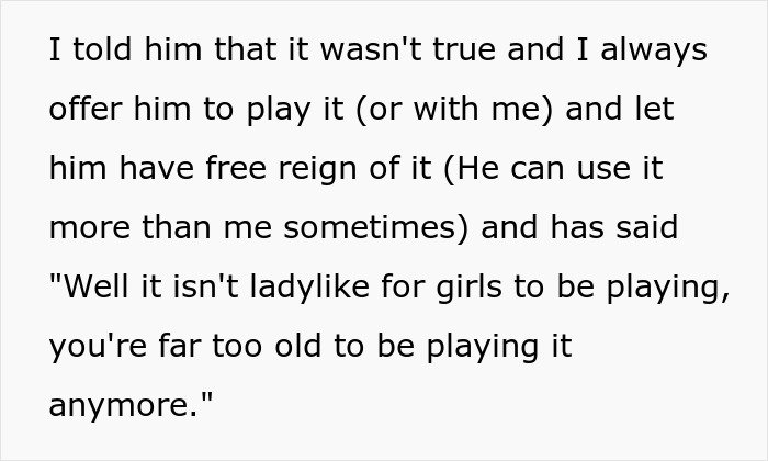 Text excerpt showing a guy mocking his girlfriend for playing video games to unwind, calling it not ladylike.