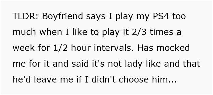 Text excerpt about a boyfriend mocking his girlfriend for playing video games to unwind, calling it not ladylike.