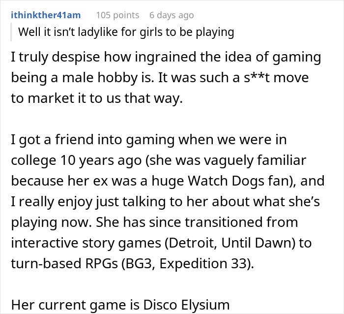 Text post discussing how a guy mocks his girlfriend for playing video games, calling it not ladylike.