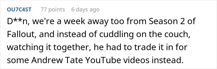 Screenshot of a Reddit comment mocking a guy criticizing his girlfriend for playing video games to unwind and calling it unladylike.