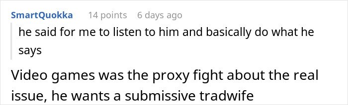 Screenshot of a Reddit comment discussing a guy mocking his girlfriend for playing video games to unwind as not ladylike.